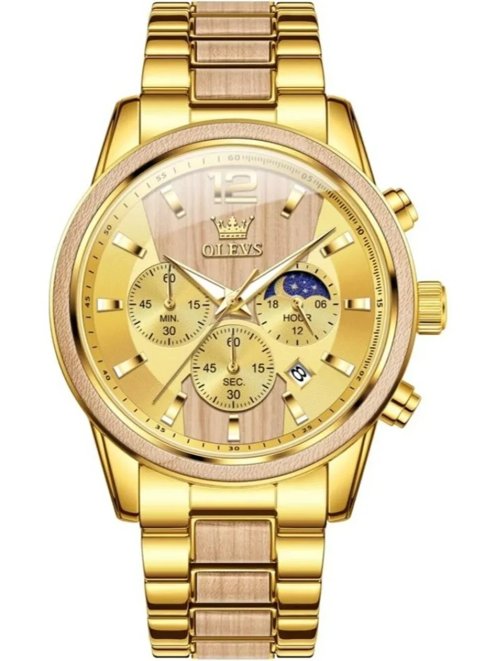 Men's Gold Quartz Stainless Steel Waterproof Luminous Date Luxury Wooden Watch